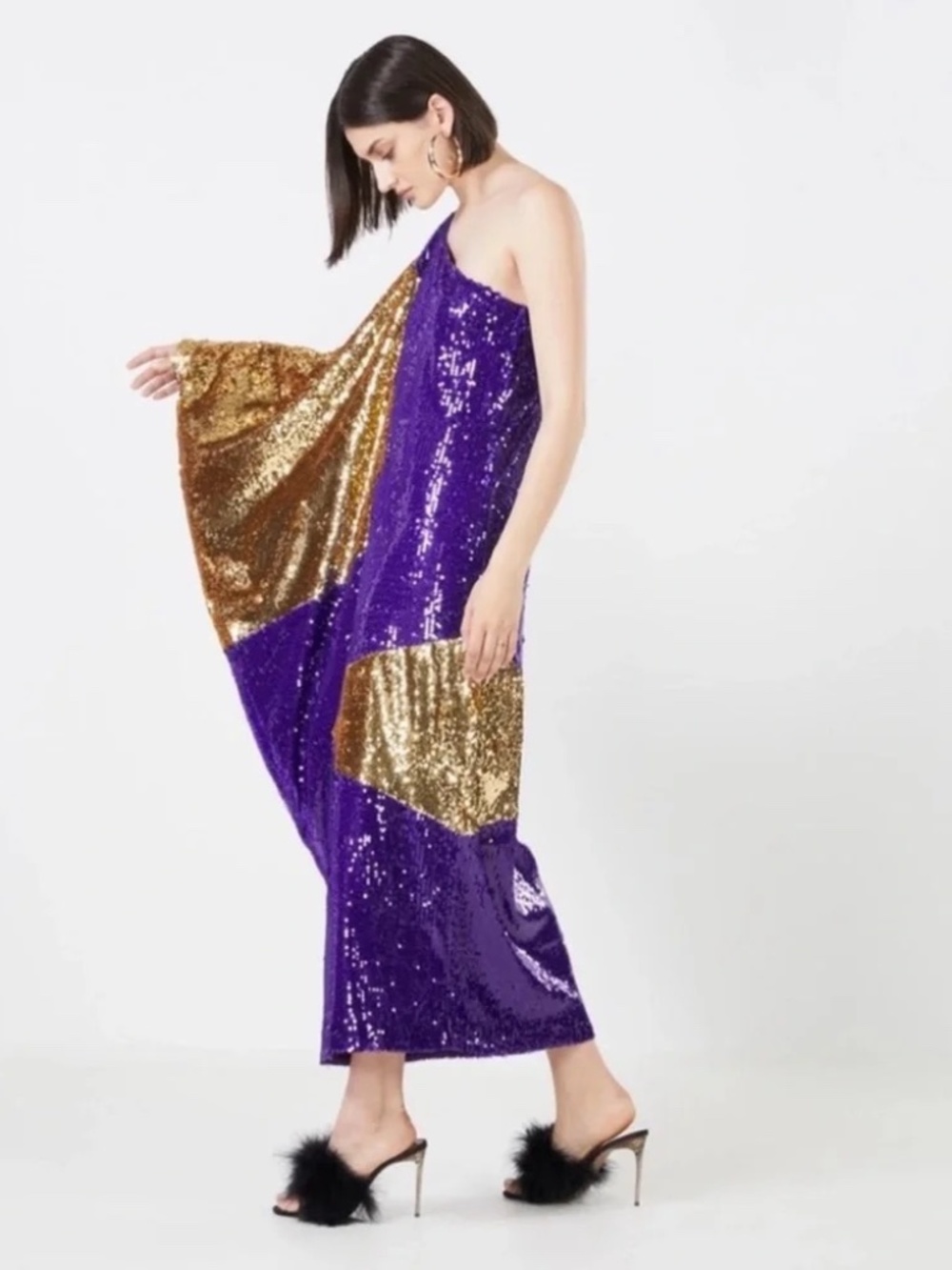BNWT BCBGMAXAZRIA Marcello One-Shoulder Gold Purple Sequin Evening Dress